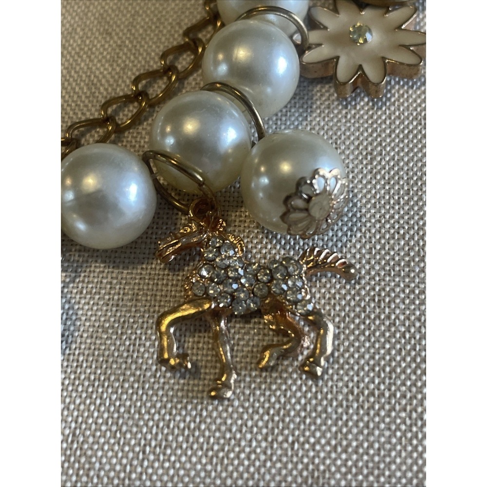 Betsey Johnson Charm Bracelet Faux Pearls Crystal Horse Equestrian Gold Coin - Picture 2 of 6